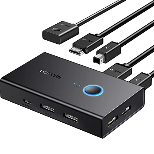 UGREEN KVM Switch HDMI 2 Port, USB 3.0 Switch mit 4K @ 60Hz HDMI Switch für 2 PCs Share Keyboard Mouse und One HD Monitor, Unterstützung 3D HDR, mit 2 USB Kabeln und 2 HDMI Kabel