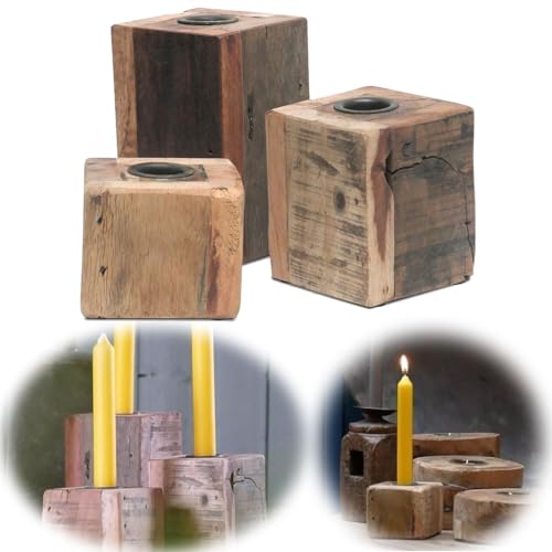 LS-LebenStil 3-Fach Exklusive Kerzenständer Cube Fundholz Set Kerzenleuchter Stabkerzen-Kerzenhalter