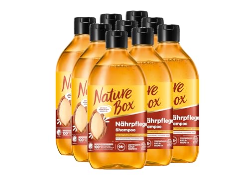 Nature Box Shampoo Nährpflege (9x 385 ml), Shampoo für trockenes Haar mit kaltgepresstem Argan-Öl, Haarshampoo für intensive Pflege, Flasche aus 100% recyceltem Social Plastic