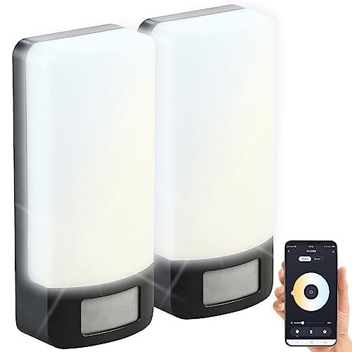 Luminea Home Control Smarte WLAN-Außenleuchte: 2er-Set CCT-LED-Außen-Wandleuchten, PIR-Sensor, 10 W, 850lm, IP44, App (Außenleuchte PIR-Bewegungssensor, LED Beleuchtung außen)