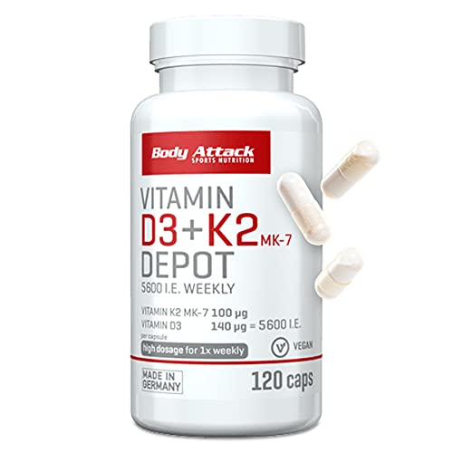 Body Attack Vitamin D3 + K2 Depot, nur 1 Kapsel pro Woche, hochdosiert, Vitamin D3 5600 i.E. 140 µg, Vitamin K2 MK-7 100 µg, für Muskeln und Knochen, vegan, 120 Kapseln für 120 Wochen