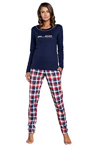 Damen Schlafanzug lang Pyjama Set | Nachtwäsche Hausanzug Langearm Rund Ausschnitt Zweiteiliger Sleepwear M007 (L, Blau Karierte)