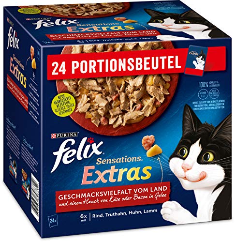 FELIX Katzennassfutter Sensations Extra Geschmacksvielfalt vom Land , 4er Pack (4 x 24 x 85g)