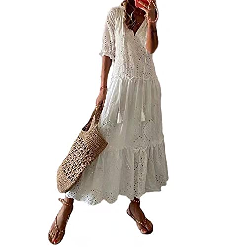 Hislaves Damenkleid mit Aushöhlung, V-Ausschnitt, Rüschensaum, Kleid für Party, weiß, Größe M