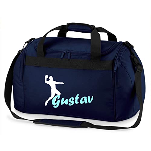 Sporttasche mit Namen Bedruckt für Kinder | Personalisierbar mit Motiv Handball | Reisetasche Duffle Bag für Mädchen und Jungen | Handballspieler Sport (dunkelblau)