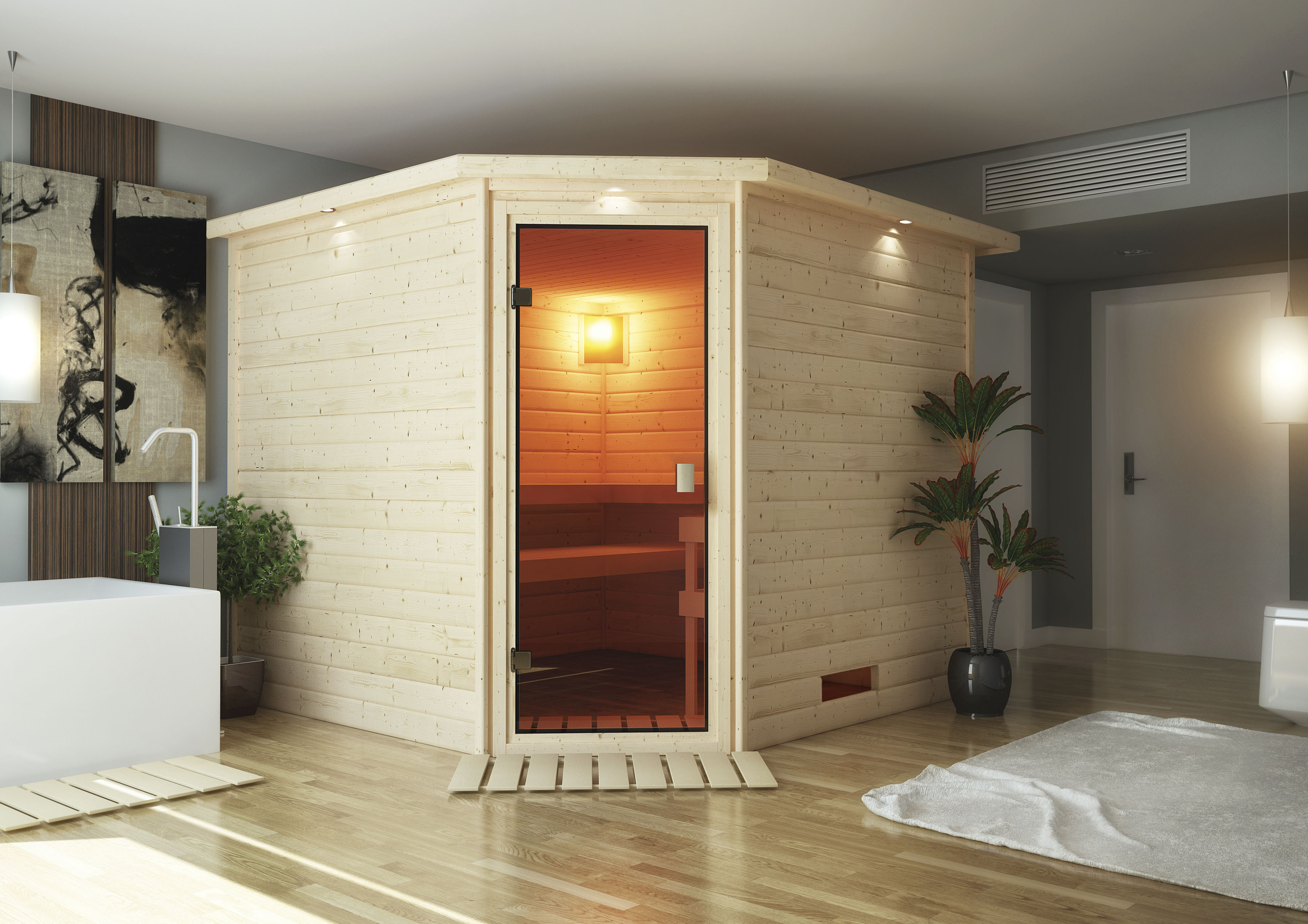 Karibu Sauna ""Leona" mit Kranz und bronzierter Tür naturbelassen"