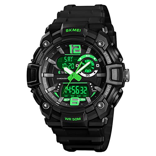 FeiWen Herrenuhr Outdoor Sportuhr 50M Wasserdicht LED DREI Zeit Analog Quarz Digital Uhren Alarm Stoppuhr Elektronik Plastik Armbanduhren mit Band (Grün)