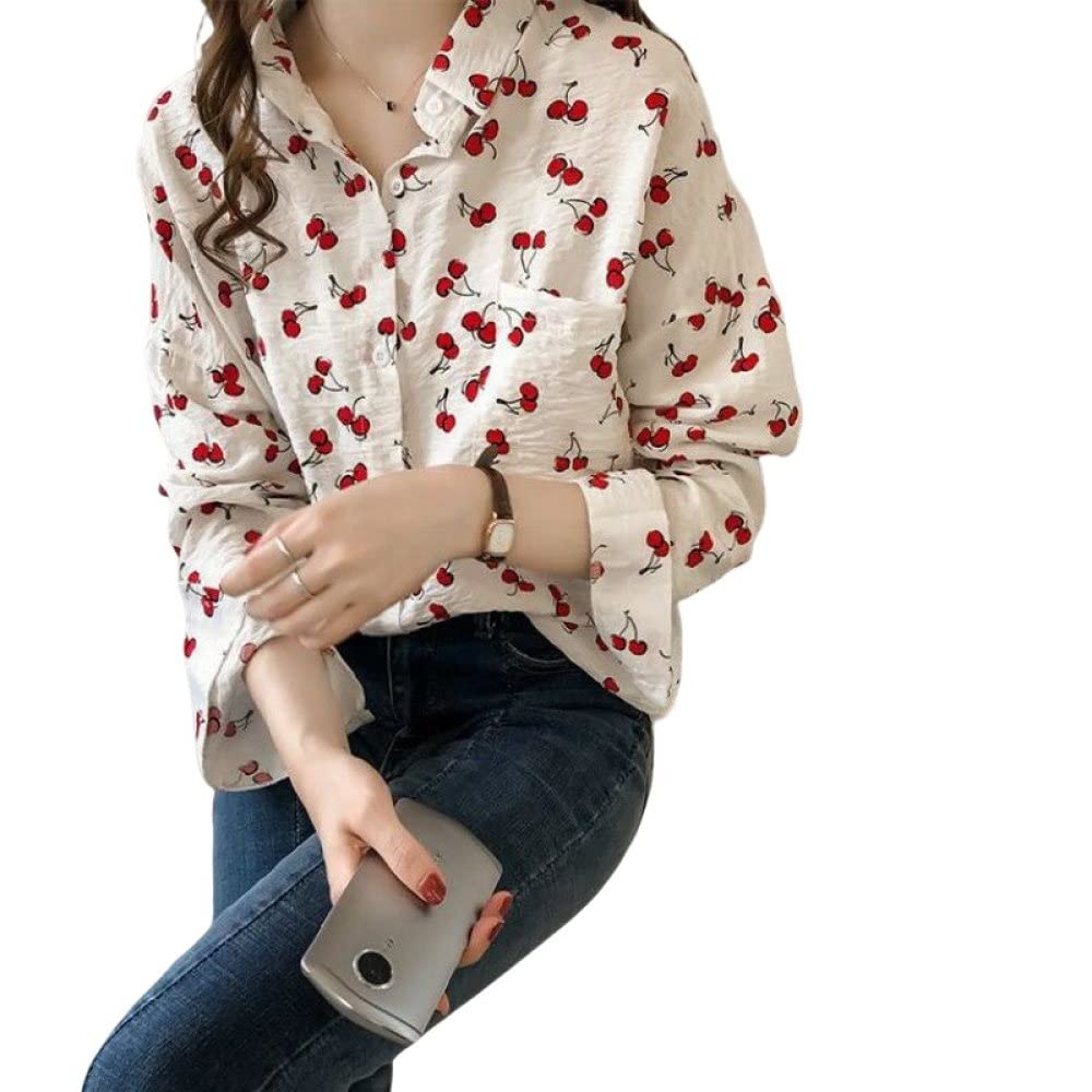 Blusen Für Damen, Womens Vintage Cherry Printed Tops Chiffon Button-Down-Bluse Sweet Lady Elegant Office Shirts Freizeit Plus Größe Fashion Shirts Top,Weiß,XXL