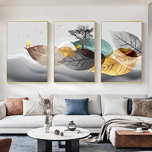 Trayosin 3er Premium Poster Set, Moderne Goldene Blätter Bilder, Ohne Rahmen Wandbilder, DekoWanddeko für Wohnzimmer Schlafzimmer (50x70cm)