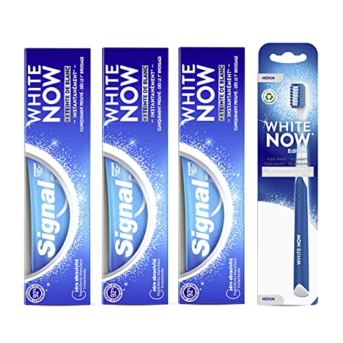 Signal White Now Zahnpflege Set (3 Zahnpasten + 1 Zahnbürste für ein sofortiges weißeres Lächeln & zahnschmelzschonende Zahnaufhellung), 1 Packung
