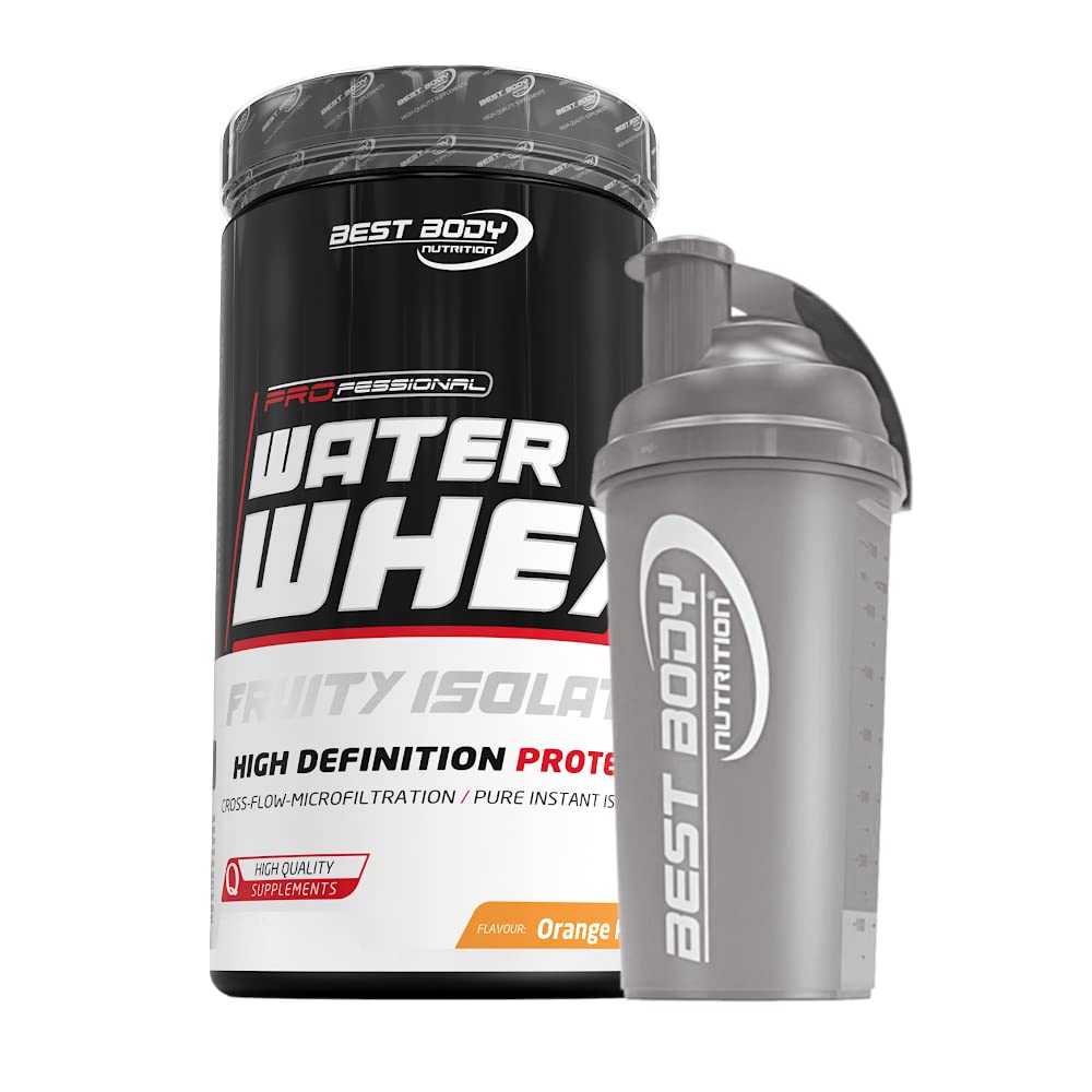 460 g Best Body Nutrition Water Whey Fruity Isolate (Orange Peach) Molkenprotein + Protein Shaker (schwarz)