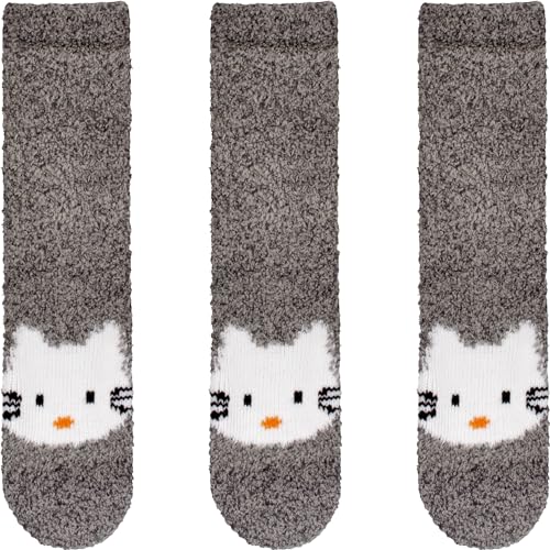Super Soft Warm Cute Animal Non-Slip Fuzzy Crew Winter Socks - 06 Grey Kitty - 3 Pairs - Value Pack