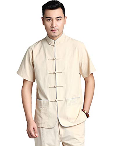 Tang-Anzug Kurzarm-Shirt für Herren - Volltonfarbe Chinesische Traditionelle Trachten Kung Fu Tai Chi Oberteile Baumwolle