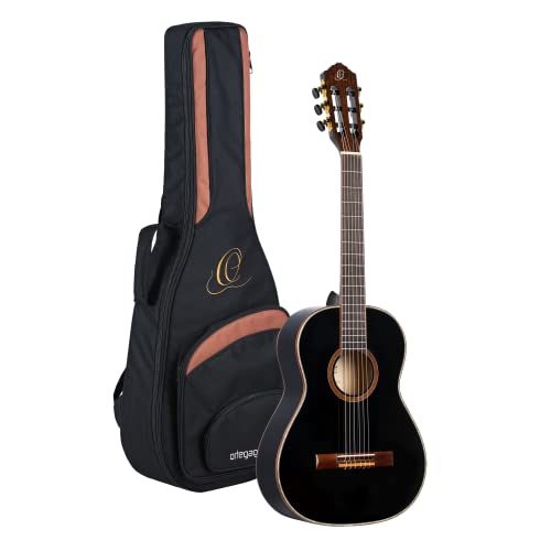 Ortega Guitars R221BK-3/4 Konzertgitarre in 3/4 Größe schwarz im hochglänzenden Finish weißes Perlmut Deckenbinding mit hochwertigem Gigbag