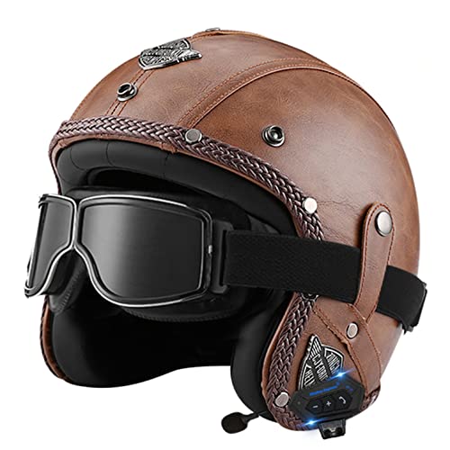Bluetooth Jethelm mit Visier Retro Pilotenhelm Qualität nach ECE-Norm Roller-Helm für Frauen und Herren im Vintage-Look, Motorrad-Helm mit Schutzbrille J,L