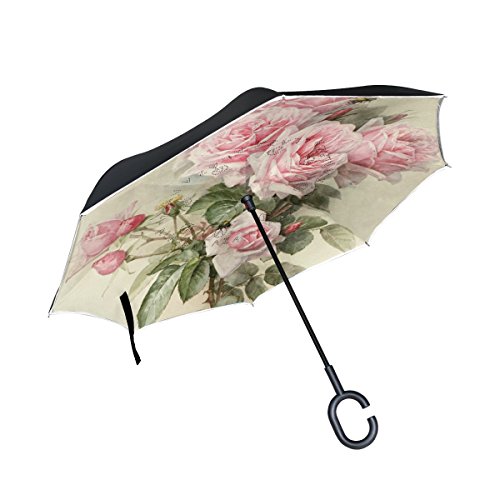 ISAOA Regenschirm, umgekehrter Regenschirm, winddicht, doppellagige Konstruktion, seitenverkehrt Regenschirm für Auto Regen Outdoor, C-Regenschirm, selbststehend, Rosen, Blüten