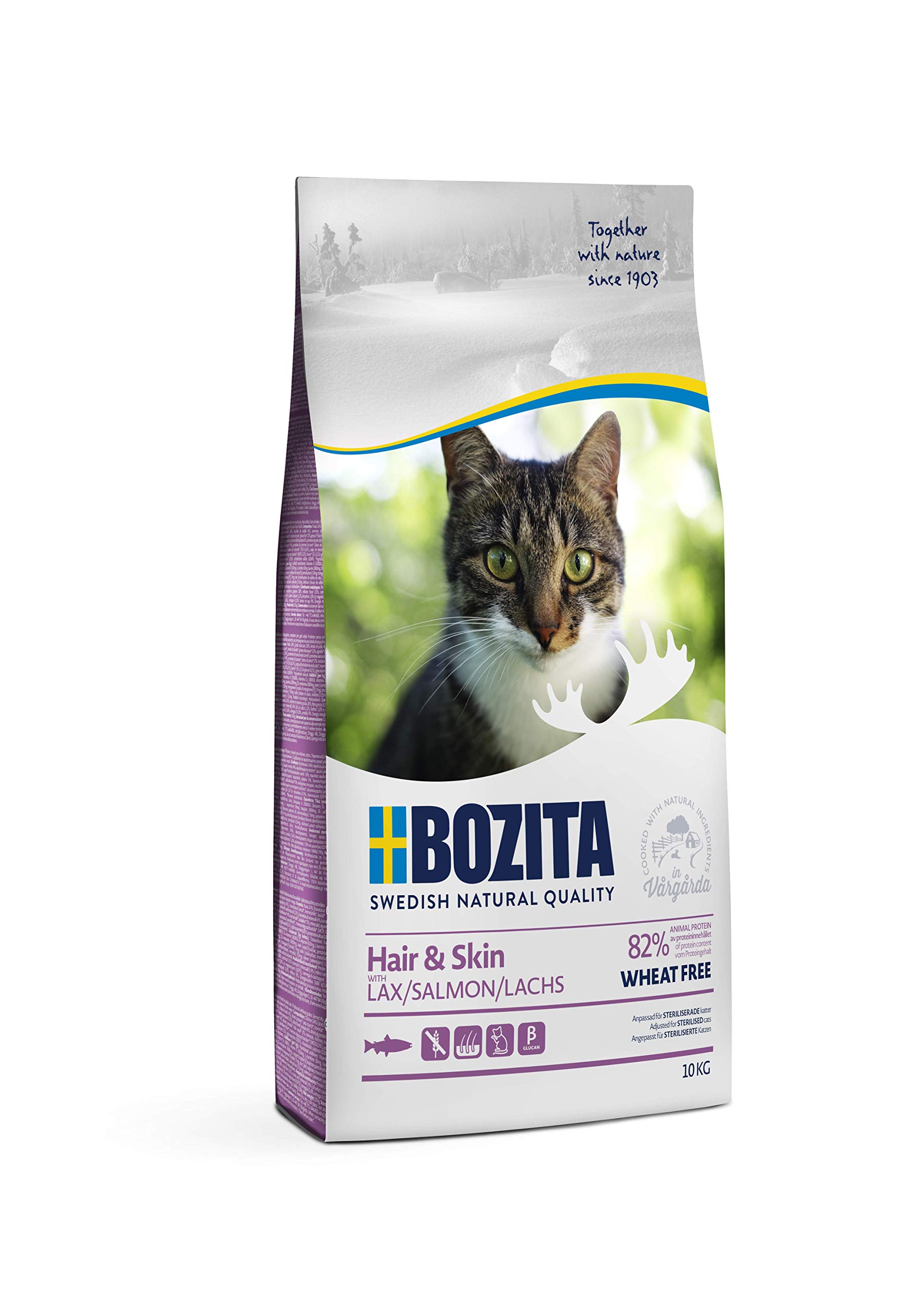 BOZITA Hair & Skin Weizenfrei mit Lachs - Trockenfutter für erwachsene Katzen, dass Haut- und Fellpflege unterstützt, 10 kg