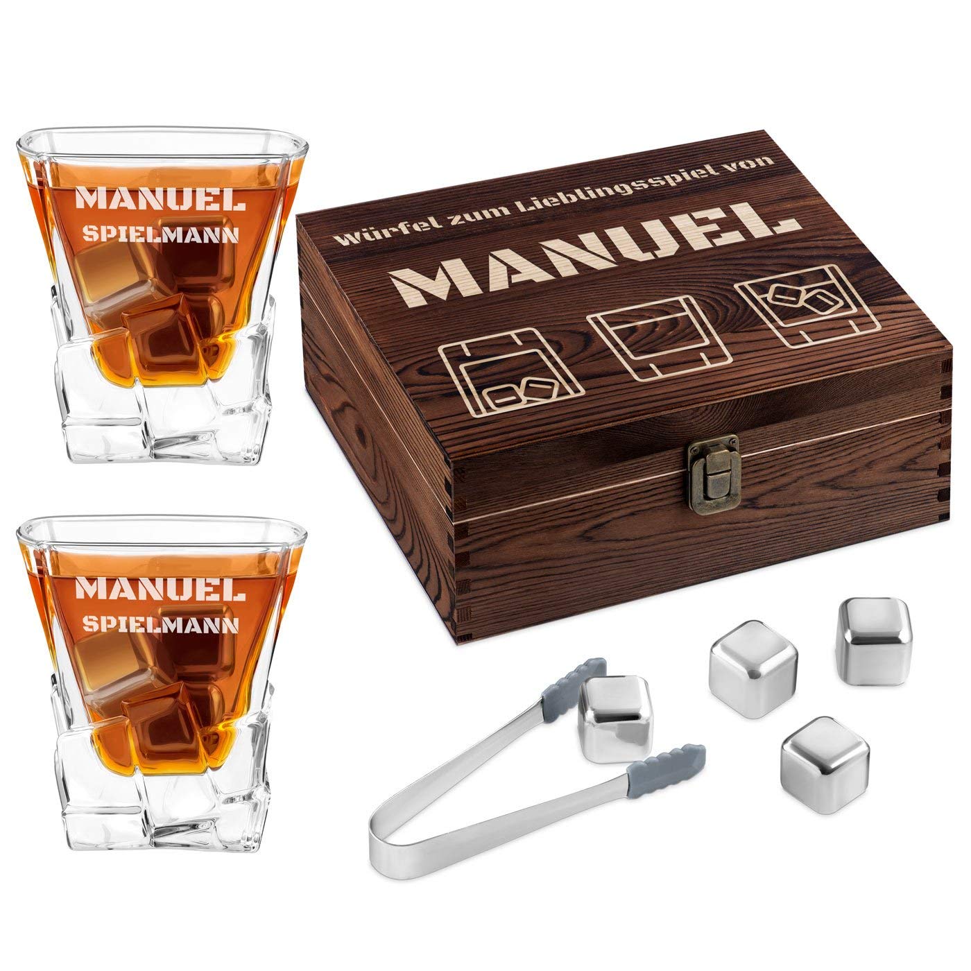 Maverton Whisky Steine Set - in Holzbox mit Gravur - 8 Eiswürfel + 2 Whisky Gläser - wiederverwendbar - aus Metall - Männergeschenke - Lieblingsspiel