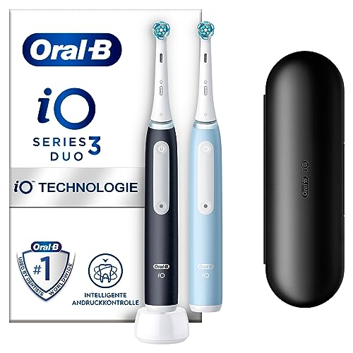 Oral-B iO Series 3 Elektrische Zahnbürste/Electric Toothbrush, Doppelpack, 2 Aufsteckbürsten, 3 Putzmodi für Zahnpflege, Magnet-Technologie, Reiseetui, Designed by Braun, matt black/ice blue