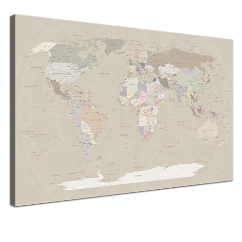 Weltkarte-Pinnwand als Leinwandbild zum pinnen der Reisen – „Weltkarte Cappuccino” - Deutsch - Landkarten-Wandbild Globus in braun, 100 x 70 cm