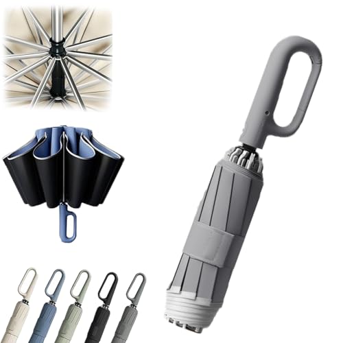 Ring Buckle Umbrella, Reflective Safety Strip, Sturdy Windproof, Travel Portable, Ring Buckle Fully Automatic Umbrella, Portable Folding Umbrella for Rain&Sun (Gray)