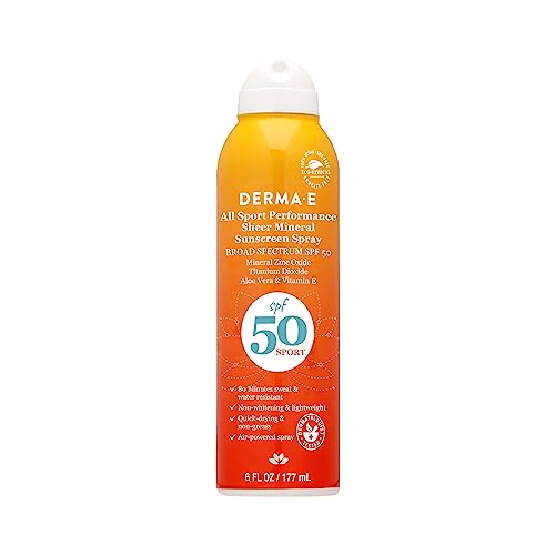 DERMA E ALL Sport Performance Sheer Mineral Sunscreen Spray SPF 50-Broad Spectrum Proctection for Athletes-Water Resistant Non-Aerosol Spray Sunscreen, 6 Oz