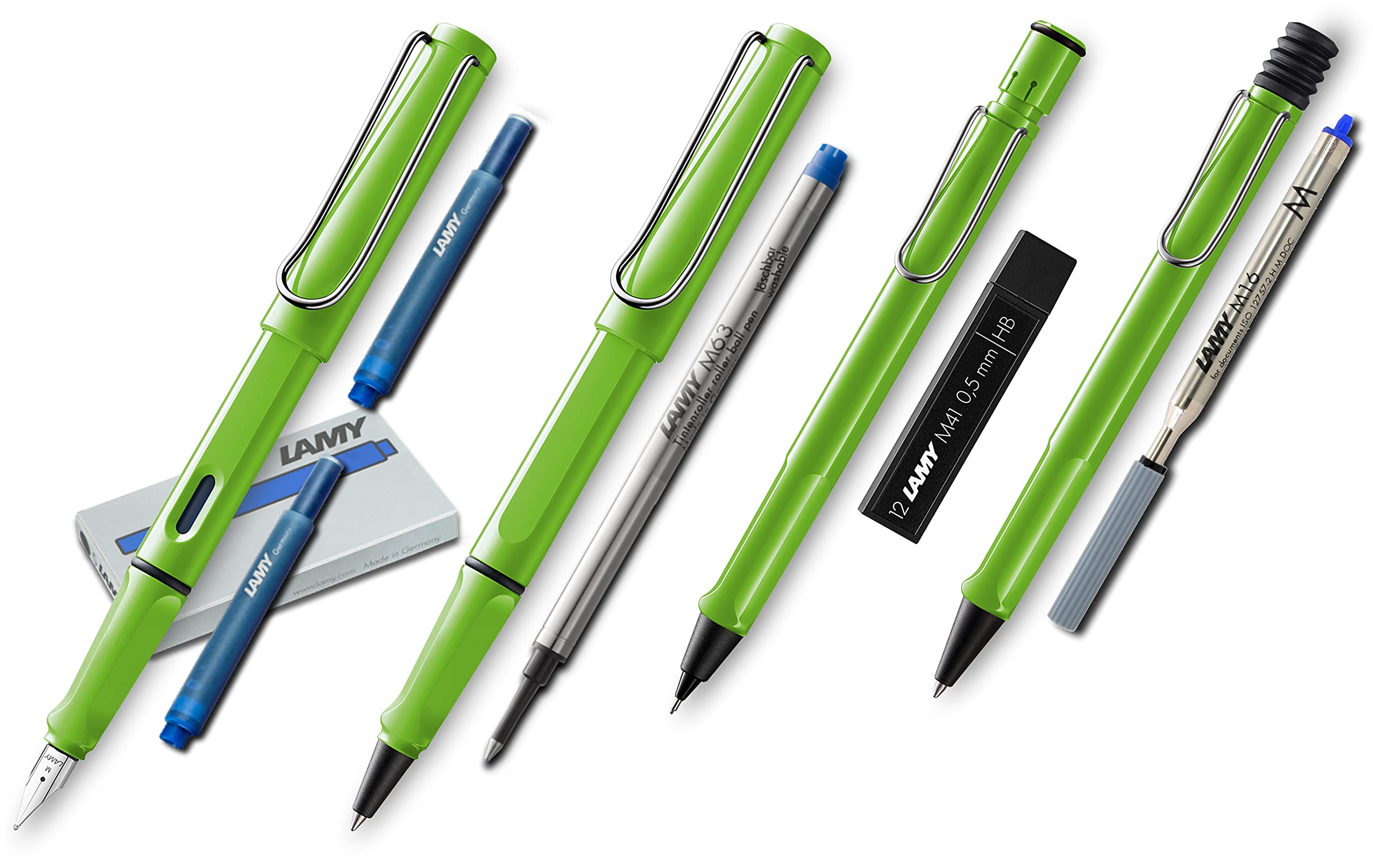Lamy Safari Set [F?ller + Kugelschreiber + Tintenroller + Bleistift] (inkl. Ersatzminen + Patronen, Gr?n - Green)
