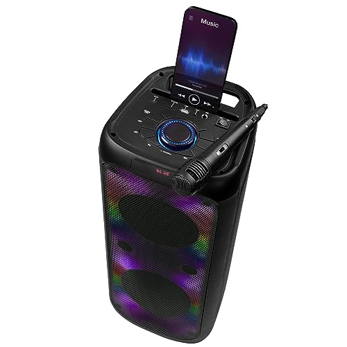 Intempo EE7515BLKSTKEU7 Bluetooth Karaoke Lautsprecher - Party-Stereolautsprecher mit Kabelmikrofon, Farbwechsel-LED-Lichter, Telefonhalter, drahtlose bis zu 25 m, einfach zu bedienende Steuerung