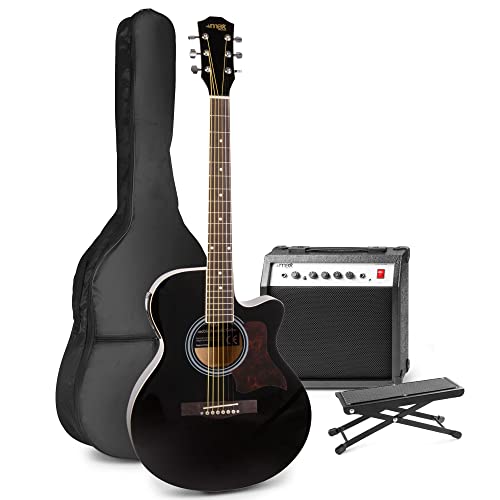 MAX ShowKit Elektrische Akustikgitarre, Akustische E-Gitarre Set - Gitarrenverstärker 40 Watt, Fußbank, Gitarren-Stimmgerät, Gitarrentasche und Plektrum - Schwarz