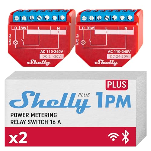 Shelly PLUS 1 PM 2er-Pack Bluetooth und Wi-Fi-Gerät für elektrische Geräte, Lichter und Stromverbrauch, rot