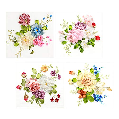 freneci Set mit 4 Seidenband Stick Kits DIY Blumenbilder Kreuzstich 35x35cm