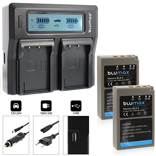 Blumax 2X Akku kompatibel mit Olympus BLS-5 / BLS-50 | 1100mAh + Ladegerät Stylus 1 1s Pen E-PL2 E-PL3 E-PL5 E-PL6 E-PL7 E-P3 E-PM1 E-PM2 - OMD E-M10 und E-M10 Mark II