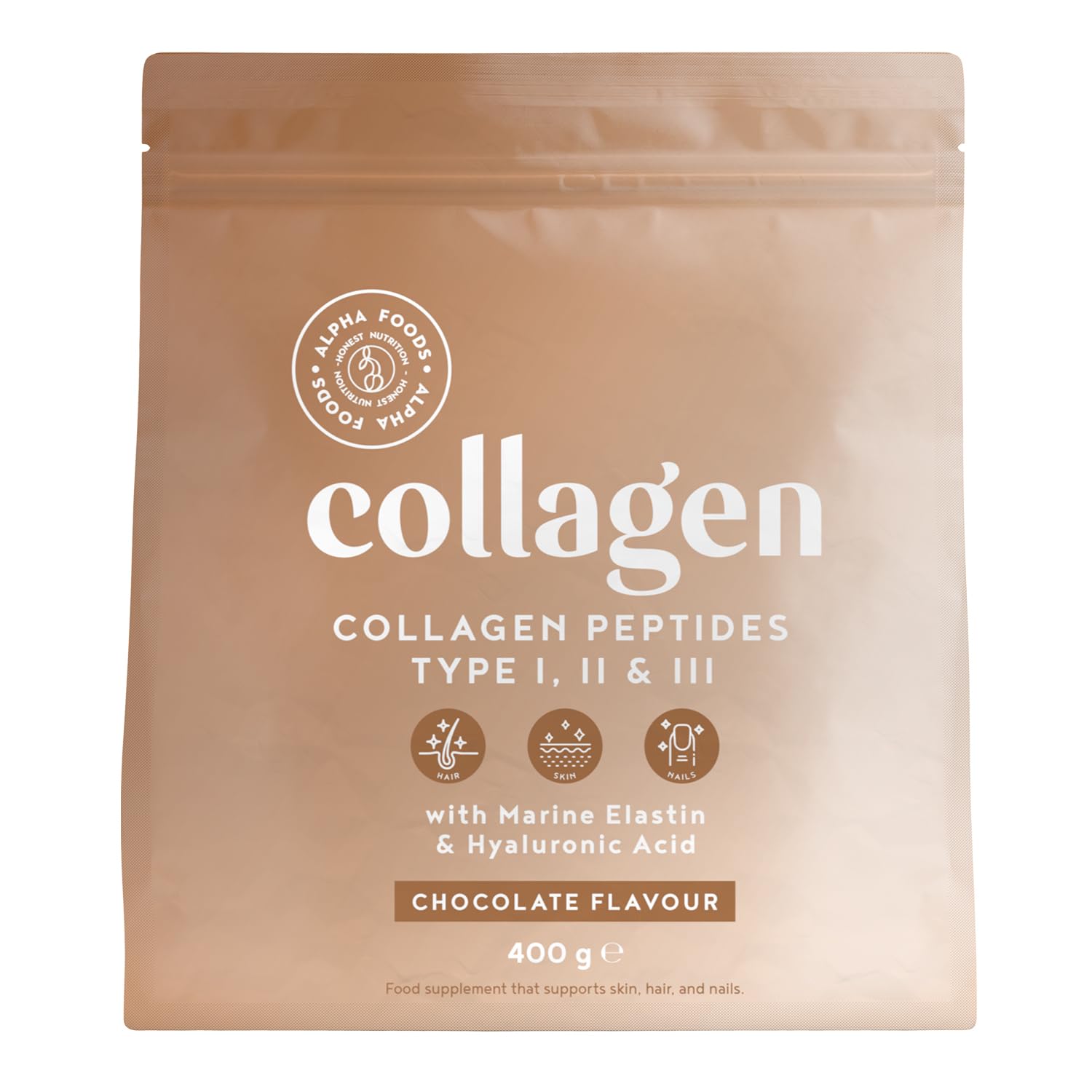 Alpha Foods Collagen Pulver (400g) - Kollagen Hydrolysat Peptide Type I, II & III - Hochdosiert Kollagenpulver mit Hyaluronsäure und Elastin - Schokoladengeschmack - Aus Deutschland