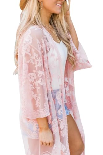 FWSHANGMAO Sexy Spitzen-Kimono-Cardigan Für Damen Durchsichtiger Bikini Pareos Vertuschung Blumen-Strandkleid Sommer-Badebekleidung Spitze Negligee Nachtwäsche Kleid Tunika Hemd Rosa M