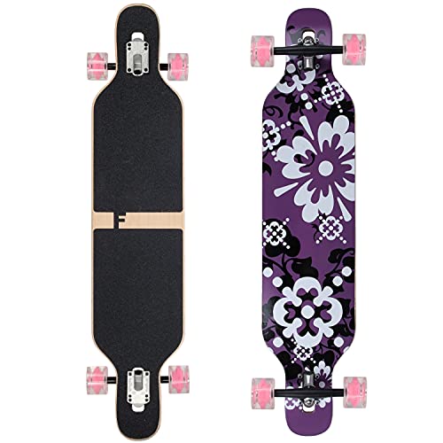 FunTomia Longboard Skateboard Drop Through Cruiser Komplettboard mit Mach1 High Speed Kugellager T-Tool mit und ohne LED Rollen (Flex-3 von 25 bis 60kg - Farbe lila Blume LED)