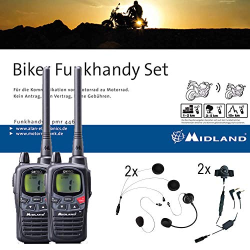 Midland G9 Pro Bikerset, C923.S1, 2 x Funkgeräte mit Headsets für Motorrad-Helme, wasserdichte Walkie Talkies mit Notfallknopf, sehr hohe Sendeleistung