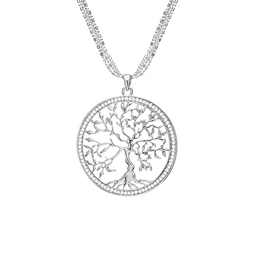 Mianova Damen Lange Halskette Kette Lebensbaum Anhänger mit Swarovski Elements Strass Kristall Steinen Lang Silber
