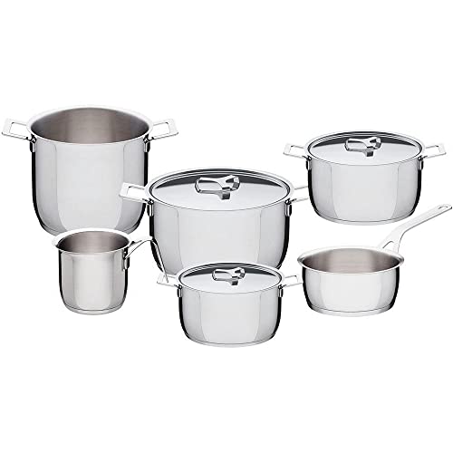 Alessi Pots&Pans, Topf (AJM100/20), (AJM101/16), Kasserolle mit Zwei Griffen (AJM101/20), Milchkochtopf (AJM302), (AJM200/16), (AJM200/20), Deckel (AJM200/24), Edelstahl, Silver, 20 cm