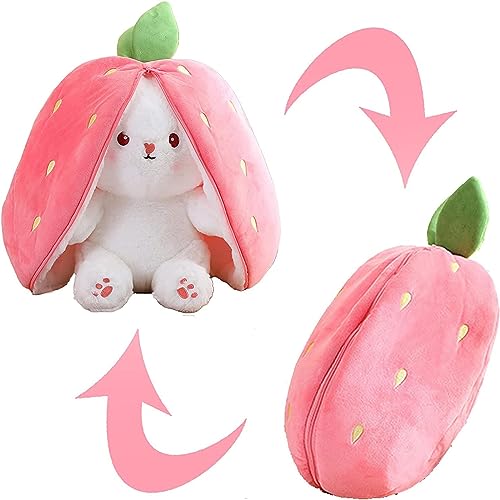 BradOc Easter Bunny Plush Toy Soft Stuffed Animal,Plushie Toys Floppy Ear Reversible Bunny Hide-and-Seek Bunny Carrot Pillow Plush Play Room Decor Gifts for Kids,Strawberry,35cm