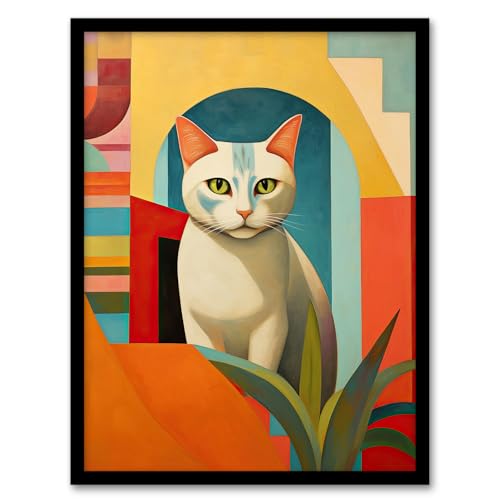 Abstract Cubist Cat and Plant Feline Geometric Contemporary Artwork Art Print Framed Poster Wall Decor 12x16 inch