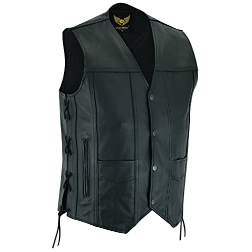 Leatherick Herren Top-Grain Rindsleder Weste aus echtem Leder Schwarz Klassische Weste mit seitlichen Schnürsenkeln und verdeckten Tragetaschen - Schwarz - L