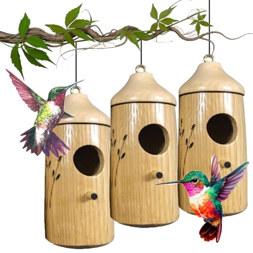Shirem Wooden Hummingbird House, Wooden Hummingbird Houses for Outside, Hummingbird Houses for Outside for Nesting, Humming Bird House Shirem Feeder (B-3PCS)