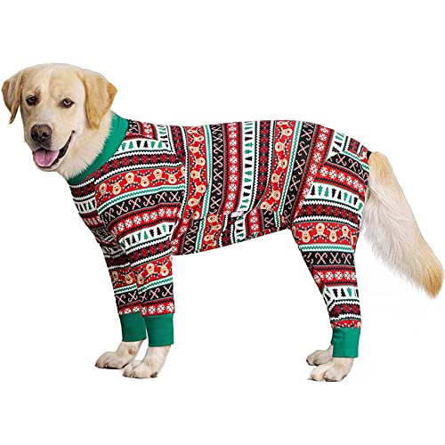 Weihnachten Hund Shirt, Großer Hund Pyjama Baumwolle 4 Beine Jumpsuit Pjs Outfit Kostüm für mittelgroße große Hunde (30#, Rot)