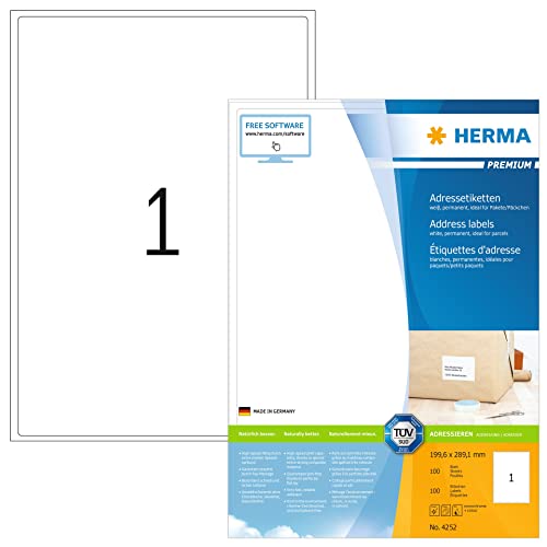 HERMA 4252 Universal Etiketten DIN A4 (199,6 x 289,1 mm, 100 Blatt, Papier, matt) selbstklebend, bedruckbar, permanent haftende Adressaufkleber, 100 Versandetiketten, weiß