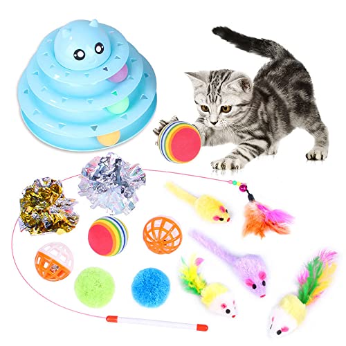 WANGCL 14er-Pack Katzenspielzeug Interaktiv für Katzen im Innenbereich, Kätzchenspielzeug, lustiger Rollentrainer, 3-stufiges Katzen-Teaser-Ball-Spielzeug, Katzenfeder-Zauberstab-Spielzeug