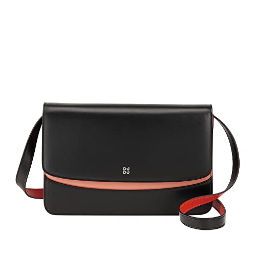 DUDU Damen-Lederumhängetasche, Made in Italy, Elegantes Design, Feste Handtasche mit Klappe und 3 Fächern Schwarz