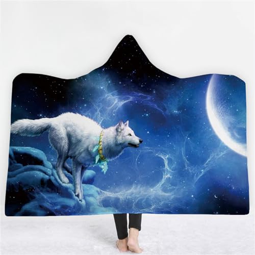 Sternenhimmel Wolf Decke mit Kapuze Wolf 3D Drucken Flanell Weich Fleecedecke Kuscheldecke Wolf Weiche und Warme TV-Decke Sofa-Decke (A06,100 x 140 cm)