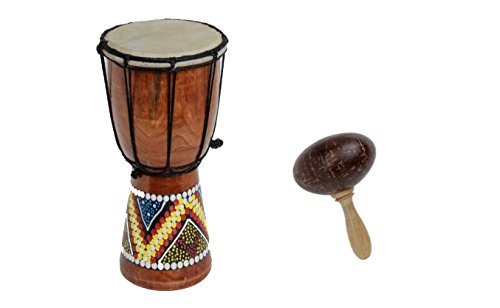 70cm Standart Djembe Trommel Bongo Drum Holz Bunt Bemalt + Kokos Rassel Maraca R2