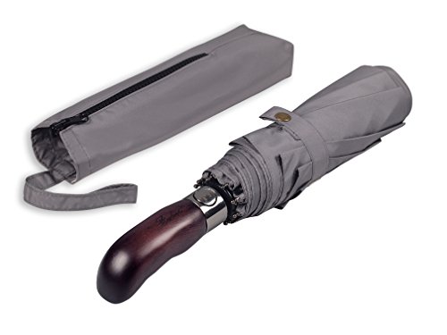 Balios® Regenschirm mit echtem Holzgriff | Auf Zu Automatik | Sturmfest & Windsicher | Damen & Herren Metalic Grau (Designed in Britain)