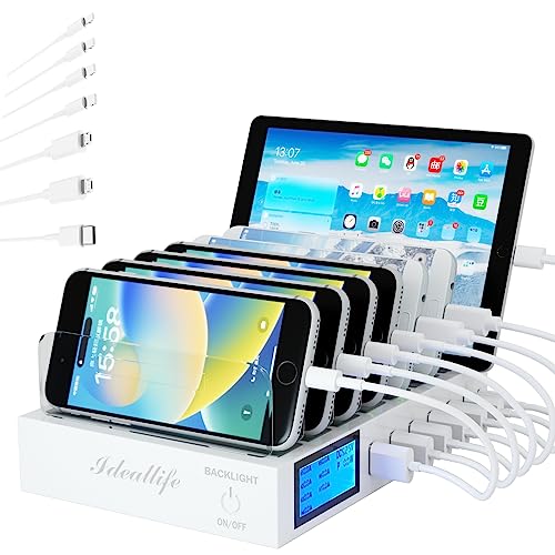 Ladestation für mehrere Geräte für 7 Anschlüsse, schnelles USB-Ladegerät mit Typ C PD20W QC3.0, 70W Desktop-Dockingstation, kompatibel mit iPhone iPad Smartphones mit 7 kurzen Kabeln